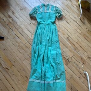 Vintage 70s  Mint green Maxi Dress with Lace Trim